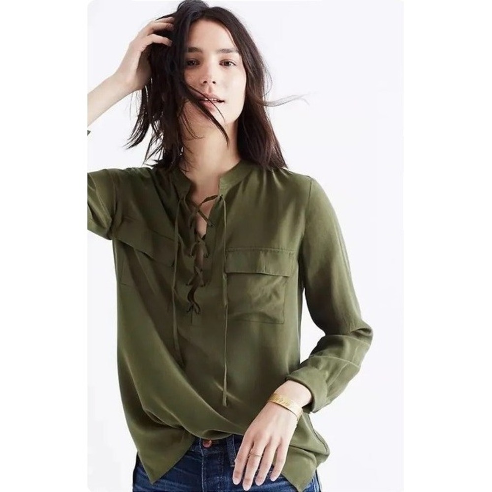Madewell Silk Lace Up Blouse Women Size S Olive Green F5937 Classic Top EUC